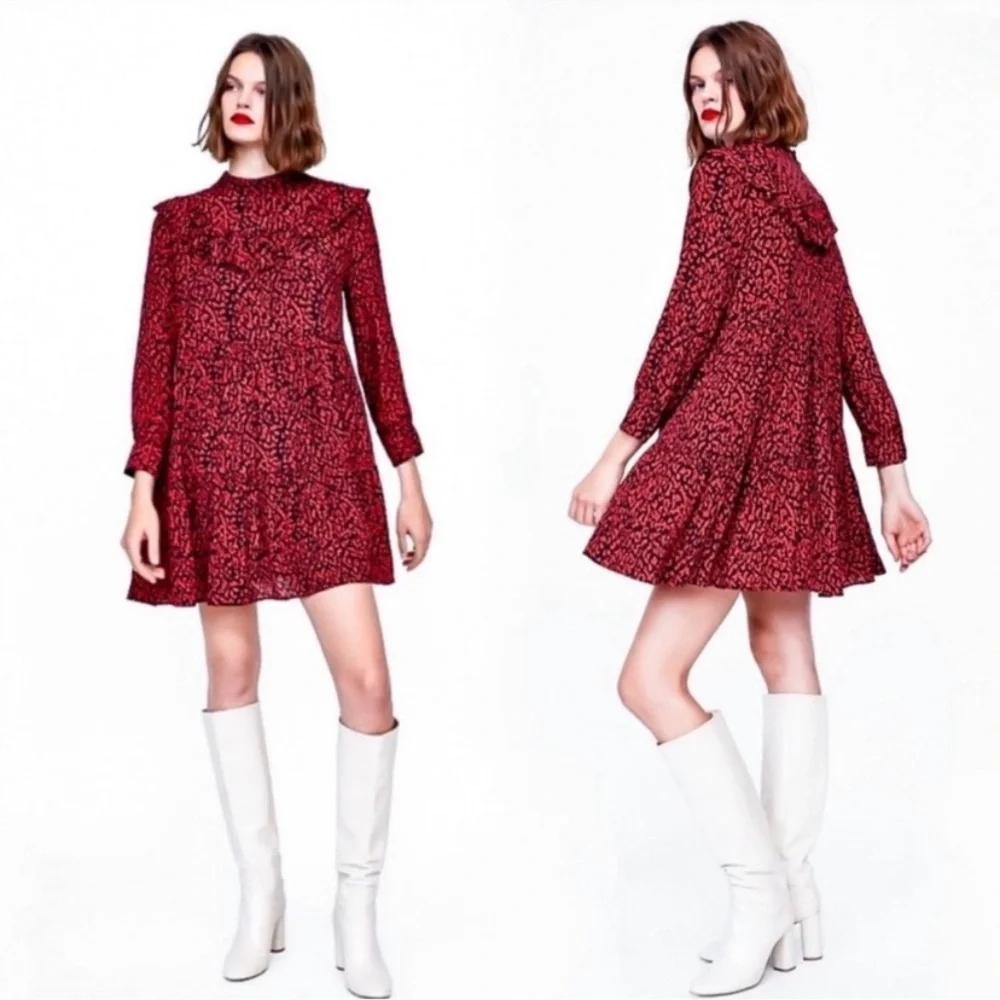 NWOT Zara Red and Black Leopard Animal Print Ruffle Neck Dress